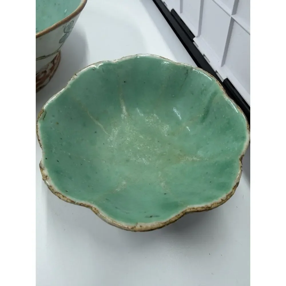 3 Antique Chinese Famille Rose Porcelain Bowl & Scalloped Dishes Set Turquoise